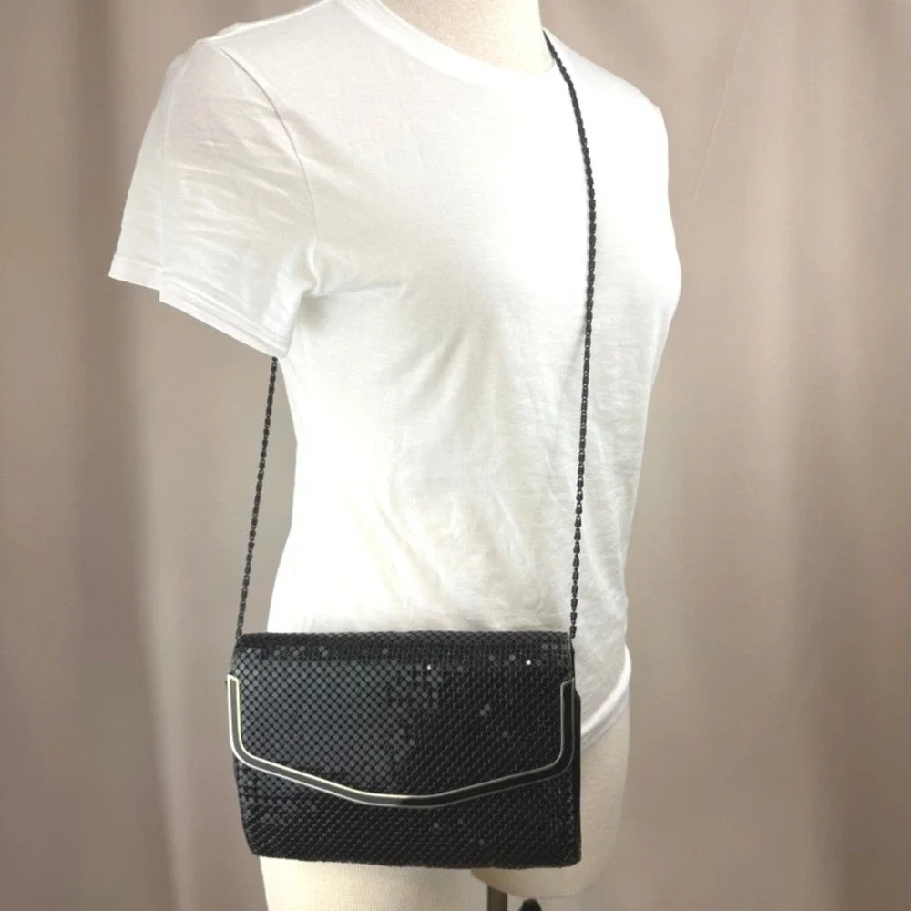 Vintage 60s Evening Metal Mesh Clutch Purse Chain Strap Black Gold Tone |9x6|